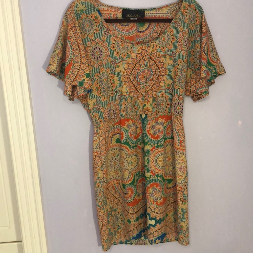 Blue rain orange patterned silky dress
